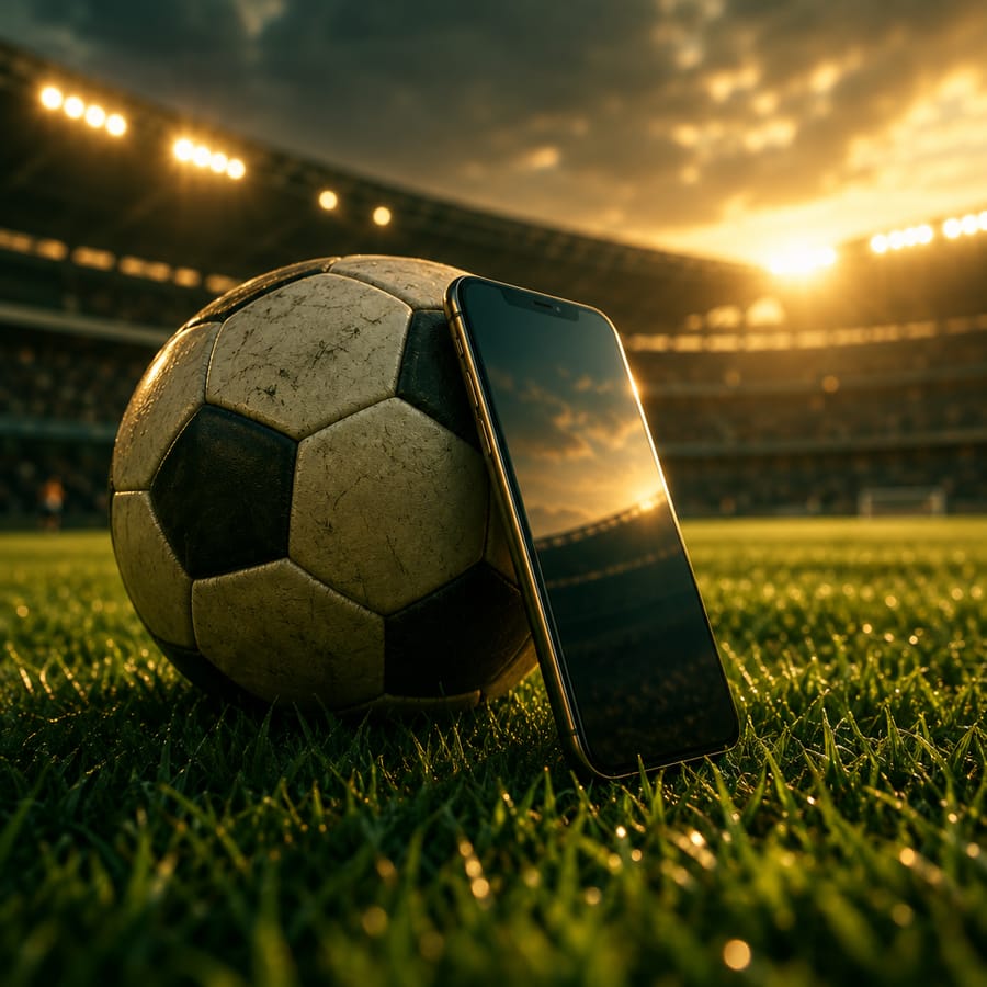 Telemóvel com bola de futebol no ecrã